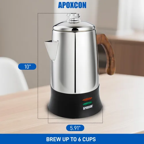 Miniatura 2 de APOXCON Percolador de Café Eléctrico Cafetera de Acero Inoxidable con Perilla de Vidrio Resistente Transparente para Ver el Progreso