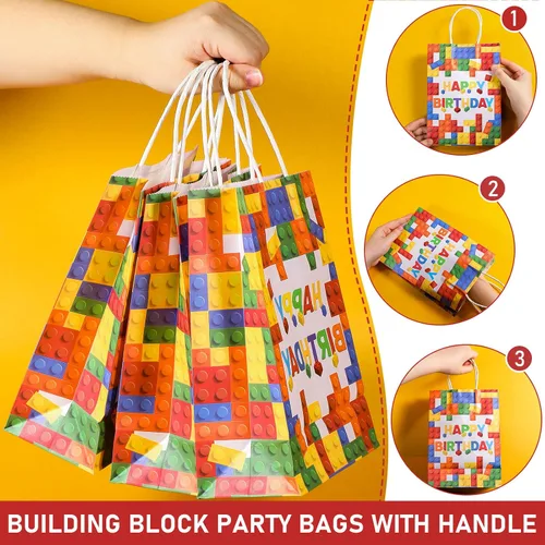 Miniatura 4 de Marspark 16 bolsas de regalo de bloque de construcción para fiestas, ladrillos de color, papel kraft con asa para cumpleaños, baby shower, bloques