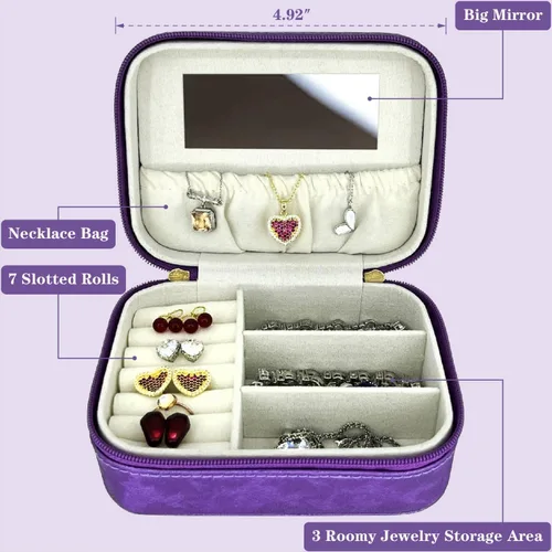 Miniatura 2 de Organizador de joyas de viaje, regalo para mujeres y niñas, caja de joyería de viaje grande portátil, estuche de joyería de viaje morado