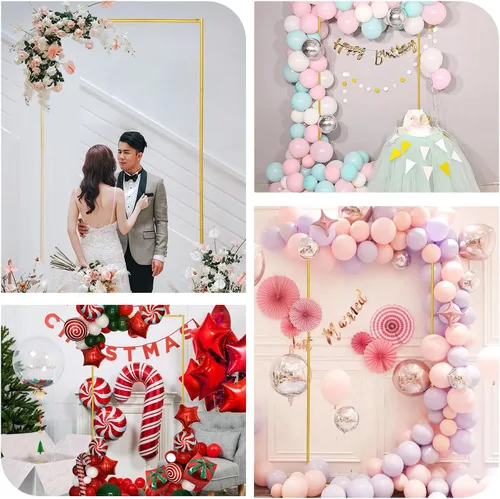 Miniatura 8 de Soporte de fondo de arco de boda dorado, globo cuadrado de 6.6 x 3.3 pies y marco de metal de flores para ceremonia, aniversario, fiesta, decoración