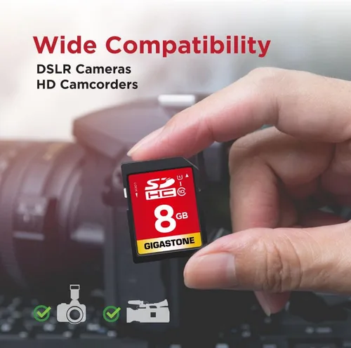 Miniatura 6 de GIGASTONE Tarjeta SD de 8 GB, paquete de 2 tarjetas de memoria UHS-I U1 clase 10 SDHC, videocámara digital Full HD Kodak Olympus, con 2 mini fundas