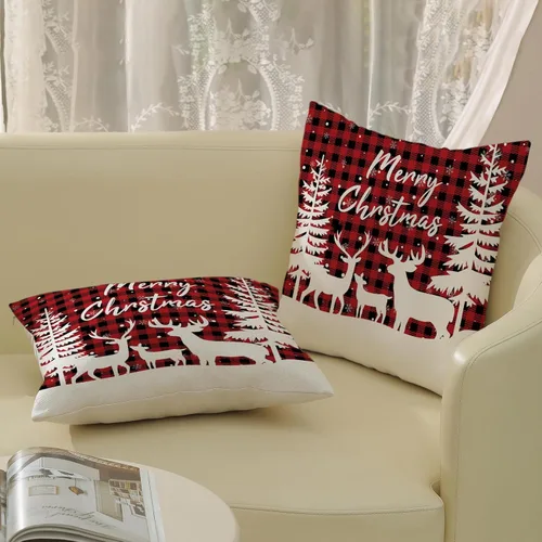 Miniatura 5 de Fundas de almohada navideñas de 18x18 pulgadas, paquete de 2, cuadros búfalo rojo y negro con ciervo, fundas de almohada decorativas, decoración