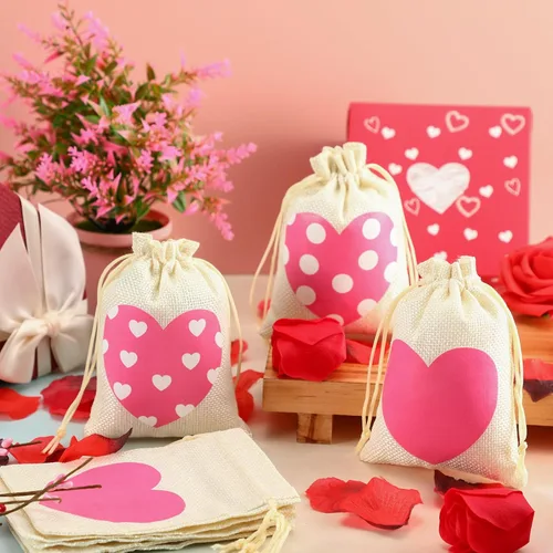 Miniatura 3 de Crtiin 24 bolsas de regalo de arpillera para el día de San Valentín, bolsas de regalo de lino con cordón de corazón, bolsa de dulces para regalos