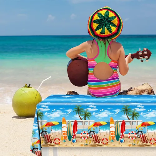 Miniatura 5 de 3 manteles de playa de verano, fundas de mesa temáticas de playa, decoración de mesa temática de cumpleaños hawaiano para verano, piscina, surf