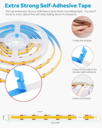 Miniatura 6 de Aclorol COB - Tira de luces LED para TV de 5 V, alimentada por USB, luz blanca cálida, 6.56 pies, 320 LED/M COB, tira de luz flexible para TV