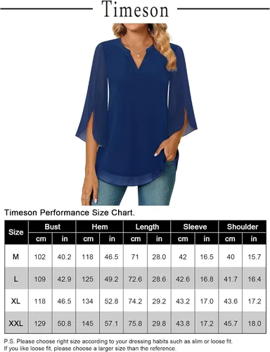Miniatura 7 de Timeson Blusa de gasa de manga 34 para mujer, cuello en V, túnica elegante