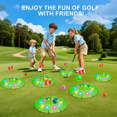 Miniatura 6 de TERRAMUS Juego de golf iluminado - Juego de golf para niños actualizado con 6 objetivos LED, 2 palos, 6 pelotas (2 brillan), juguetes de golf Green