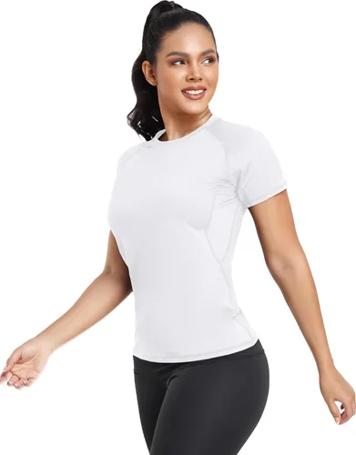 Miniatura 4 de TELALEO Paquete de 4 camisetas de compresión para mujer, camisetas atléticas para correr, camisetas de entrenamiento, capa base, manga corta, yoga