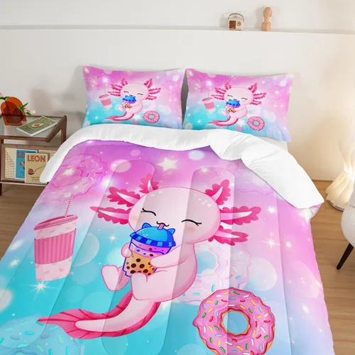 Miniatura 4 de HOSIMA Juego de edredón individual de Axolotl, ropa de cama linda con animales, decoración de habitación para niñas adolescentes, té de leche