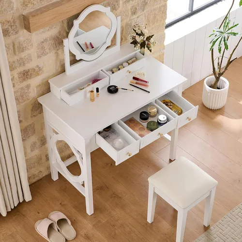 Miniatura 4 de Juego de escritorio de tocador de 35.5 pulgadas con taburete, escritorio de maquillaje con espejo reversible, tocador con 5 cajones para dormitorio
