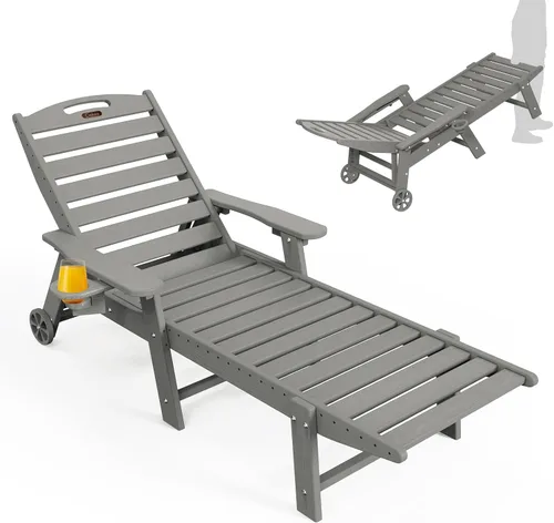 Ciokea Silla de Descanso para Exteriores, Tumbona de Gran Tamaño con 5 Posiciones, HDPE, Silla de Descanso de Patio con Ruedas y Portavasos para Gris