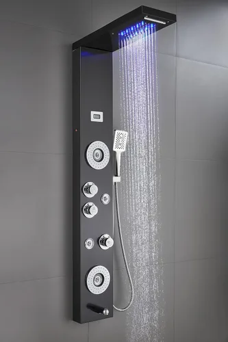 Miniatura 2 de Sistema de panel de ducha de acero inoxidable tipo torre de Ello&Allo, cabezal de LED, modo cascada o lluvia; sistema de hidromasaje con chorros