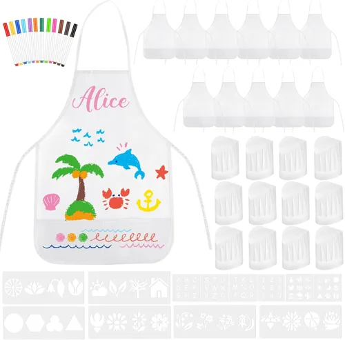 DIY Kids Chef Hat and Apron Set Kids Painting Delantales con bolígrafo de colores y plantillas de manualidades para hornear pintura Artesanía, Blanco