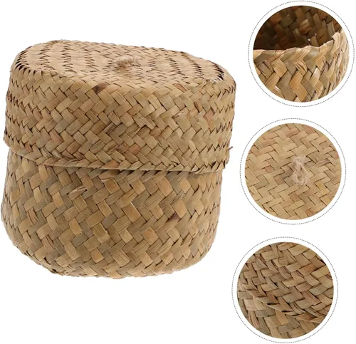 Miniatura 7 de Caja tejida hecha a mano de la cesta de la flor de la paja mini maneja redonda de la cesta