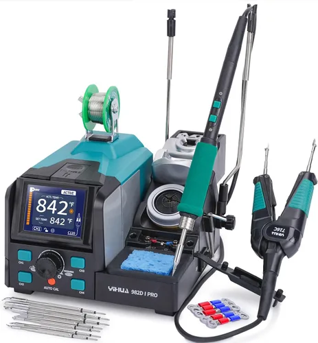 YIHUA 982D-I PRO Estación de soldadura de pinzas calientes de precisión 2 en 1 con microsoldador con 10 cartuchos de punta, interfaces de operación
