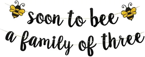KUNGOON Cartel de bienvenida para fiesta de bebé con texto en inglés «Soon To Bee a Family of Thres», baby shower con temática de abejorro