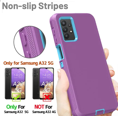 Miniatura 3 de Funda resistente para Galaxy A32 5G, no compatible con 4G, con clip, a prueba de golpes, a prueba de caídas, polvo, morado y azul cielo