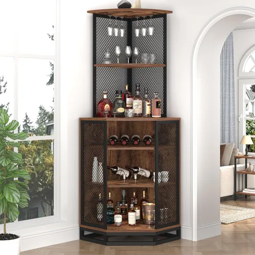Miniatura 10 de IBF Armario esquinero de 71 pulgadas de alto para vino con soporte para vidrio, almacenamiento de licor industrial de 5 niveles con estante