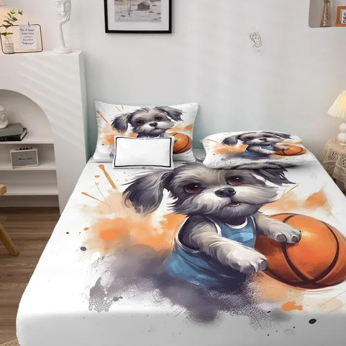 Miniatura 2 de Schnauzer - Juego de sábanas de baloncesto, sábanas y fundas de almohada estampadas, 4 piezas, sábana bajera ajustable de microfibra suave