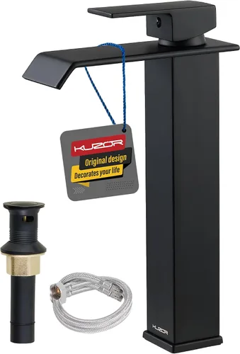 Miniatura 10 de Grifo de baño de cascada negro mate – Grifo de fregadero de acero inoxidable 304 de un solo orificio con drenaje desplegable de metal, diseño