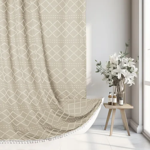 Miniatura 20 de Siiluminisoy Cortina de ducha bohemia rosa con textura y borlas de 72 x 72 pulgadas con tul, cortina de ducha de chenilla tejida con rayas chevrón