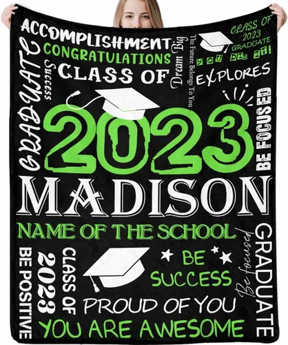 Miniatura 14 de Decoraciones de graduación 2023, manta de regalo para ella, él, felicitaciones 2023, azul oscuro, manta de graduado con nombre personalizado, No.11