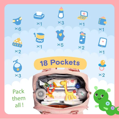 Miniatura 4 de iniuniu Mochila para pañales, kit 4 en 1, bolsas de bebé unisex grandes para niños y niñas, mochila de viaje impermeable con bolsa para pañales Rosa