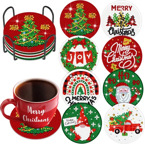 Miniatura 8 de Perthlin 8 Pcs Christmas Diamond Art Coasters Christmas Tree Candy Gnome Painting Coasters with Holder Painting Kit Green White Diamond Kits(Candy)