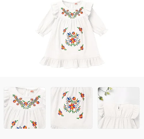 Miniatura 6 de FYMNSI Vestido floral con bordado étnico mexicano para bebé, vestido casual para niños, manga larga, volantes, playa, vacaciones, vestido de verano