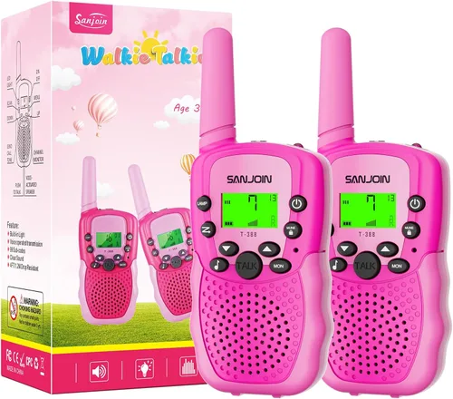 Miniatura 10 de SANJOIN Paquete de 2 walkie talkies para niños, juguetes para niños de 3 a 12 años, juegos al aire libre, walkie talkie de rango de 3 millas
