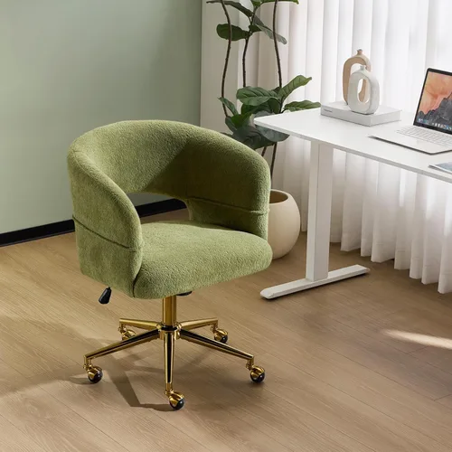 VINGLI Silla Moderna Curvada de Oficina y Tocador, Bonita Silla Tapizada con Tachuelas con Ruedas y Giro de 360° y Reclinable y Base Dorada, para