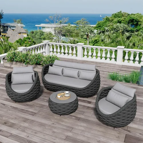Miniatura 18 de Juego de muebles de patio de 4 piezas ensamblado, conjunto de sofá de conversación para exteriores de cuerda tejida a mano - Sofá de aluminio Cuerda