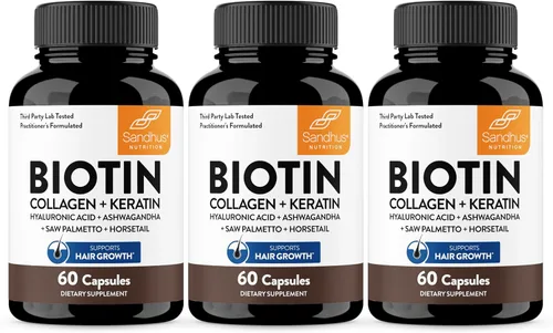 Miniatura 10 de Sandhu's Complejo de biotina, colágeno y queratina Apoya el ciclo normal de crecimiento del cabello Vitaminas para la piel y las uñas
