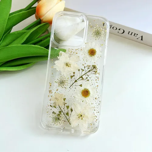 Miniatura 3 de LSEEKA Funda transparente para iPhone 15 Pro Max con diseño de flores reales prensadas, con purpurina, bonito patrón floral blanco, delgada, suave