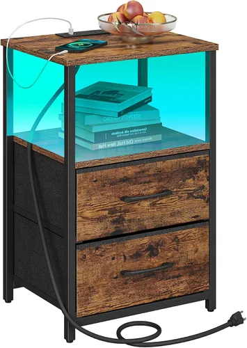 Miniatura 9 de TUTOTAK Mesita de noche LED con estación de carga, mesita de noche grande con puerto USB y Type-C, mesa de noche con cajones de tela, mesa auxiliar
