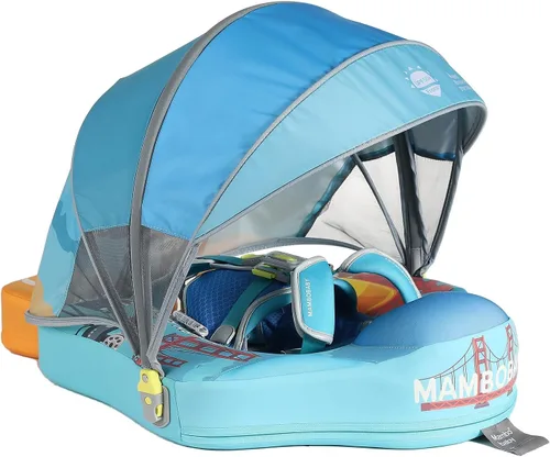 Miniatura 11 de Mambobaby Flotador de piscina para bebés sin deslizamiento con toldo y cola flotador de natación no inflable para bebés, espuma perla, UPF 50+