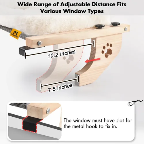 Miniatura 5 de AMOSIJOY Asiento de hamaca resistente para gatos con funda de cama acolchada, marco de madera y metal para gatos grandes, fácil de ajustar, alféizar