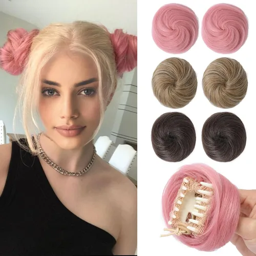 Miniatura 45 de REECHO Piezas de cabello Space Bun, 2 extensiones de moño mini con clip de pinza en extensiones de moño falsas de orejas de gato y desordenadas