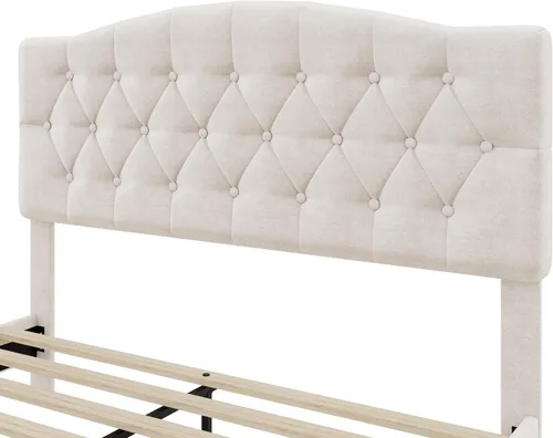 Miniatura 4 de Merax Cama de plataforma tapizada de lino tamaño Queen con cabecera curvada ajustable, acolchado de diamante, listones de madera, soporte de metal