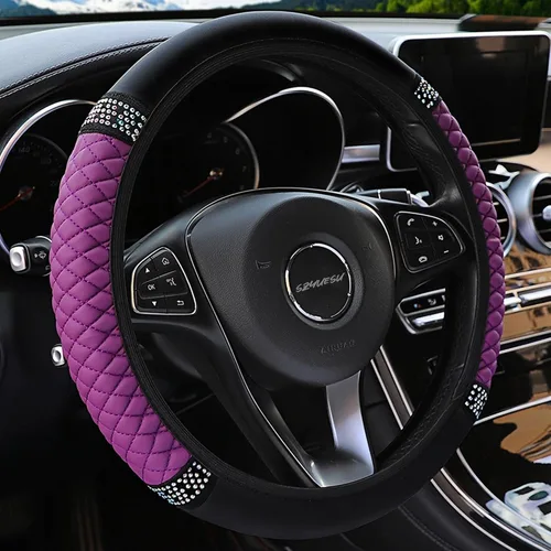 Miniatura 12 de Funda para volante de cuero suave brillante de 15 pulgadas con diamantes de imitación con brillos para mujeres y niñas – Accesorio elástico