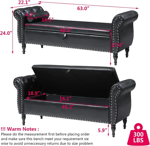 Miniatura 2 de Aoowow Banco de almacenamiento para dormitorio, extremo de cama, enrollado, de piel sintética, otomano, asiento largo, ventana, chimenea, banco
