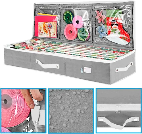 Miniatura 4 de Contenedor de almacenamiento de papel de regalo, organizador de papel de regalo debajo de la cama, 41 x 14 x 6 pulgadas, soporte para caja para Gris