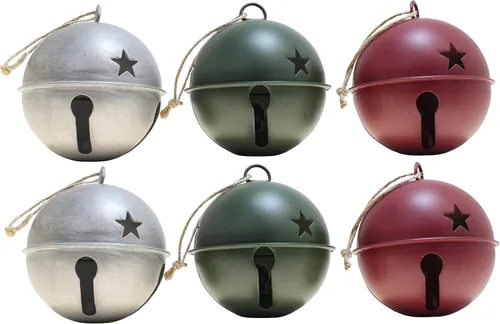 Haute Decor - Adornos de árbol de Navidad con cascabel, 8.5 cm de diámetro, paquete de 6 - Colores surtidos (plata/acero, rojo y verde)