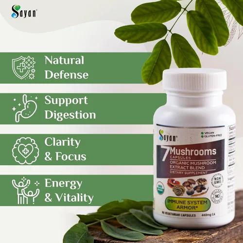 Miniatura 5 de Sayan 7 Extracto de hongos 90 cápsulas/440 mg ea – Apoyo inmunológico y energía – Chaga orgánico, Reishi, melena de león, maitake, shiitake, mezcla