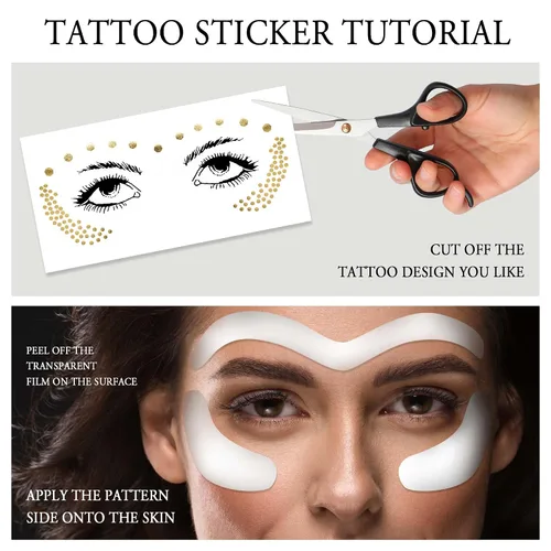 Miniatura 3 de 1 hoja de tatuajes faciales temporales metálicos dorados, pecas sintéticas, calcomanías de maquillaje, impermeables, brillantes, arte corporal