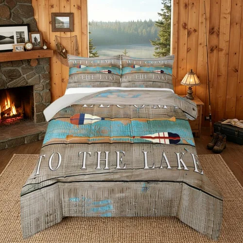 Miniatura 10 de Juego de ropa de cama King para casa del lago, juego de edredón de paleta de madera retro para regalos para amantes del lago, inserto de edredón