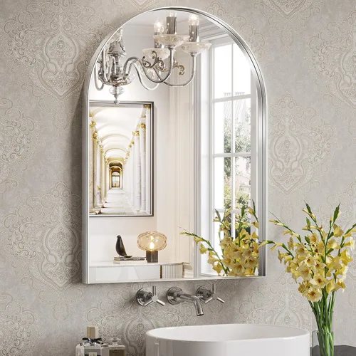 Miniatura 22 de Brightify - Espejo arqueado dorado de 24 x 32 pulgadas, espejo de pared con marco de metal de latón para baño, espejo arqueado superior para tocador