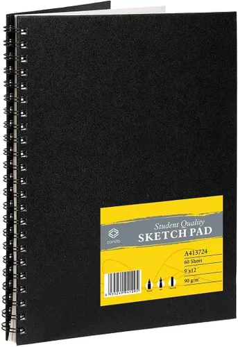 Cuaderno de dibujo de tapa dura con espiral de CONDA, de 9 x 12 pulgadas, para dibujar, pintar y realizar técnicas mixtas Negro