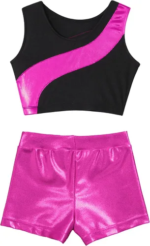 Miniatura 4 de Conjunto deportivo de 2 piezas para niñas, camiseta sin mangas brillante con pantalones cortos, para gimnasio, deportes, leotardo, entrenamiento