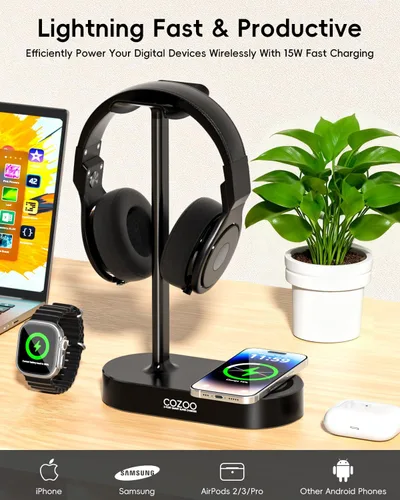 Miniatura 3 de COZOO Soporte para auriculares con almohadilla de carga inalámbrica rápida y 2 puertos de carga USB, adecuado para juegos, DJ, accesorios